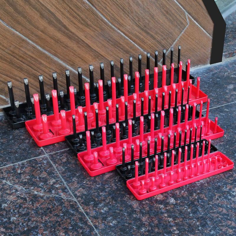 Photo 1 of 6PCS Socket Organizer Tray Set, Red SAE & Black Metric Socket Storage Trays, 1/4-Inch, 3/8-Inch & 1/2-Inch Drive Deep and Shadow Socket Holders for Toolboxes