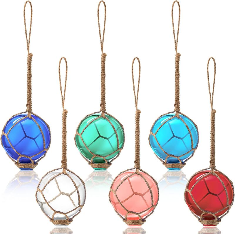 Photo 1 of 6 Pieces Glass Fishing Float Christmas Ocean Decor 2 Inch Beach Glass Float Balls Nautical Rope Ball Multi Color Glass Floats for Summer Tree Ornaments Wedding Home Room Office Decoration
