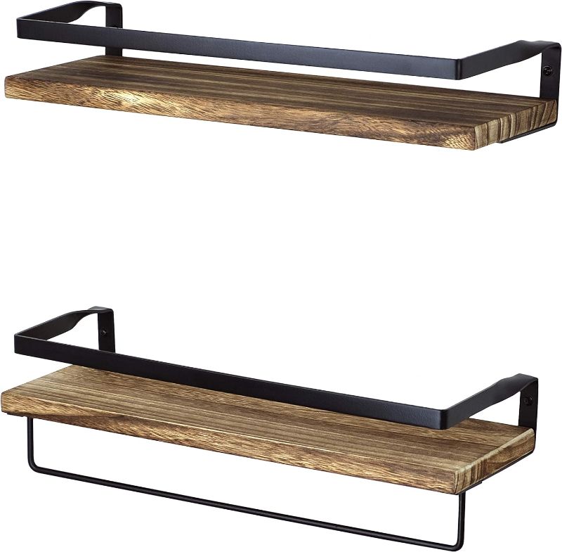 Photo 1 of ***NO HARDWARE INCLUDED*** Peter's Goods Rustic Floating Wall Shelves with Rails - Decorative Storage for Kitchen, Bathroom, and Bedroom - Elegant, Modern Shelving - Torched Paulownia Wood, Matte Black Metal Frame - Set of 2 Rustic Brown 24" inch - Medium