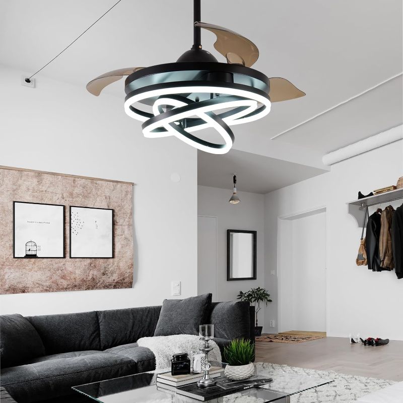 Photo 1 of Zenouidle 42" Retractable Ceiling Fans with Lights and Remote Modern Silent DC Motor,3 Color 6 Speed 3 Round Rings Retractable Ceiling Fan with Lights for Bedroom Living Room(Black) ***USED HANGING BRACKET IS MISSING**** 
