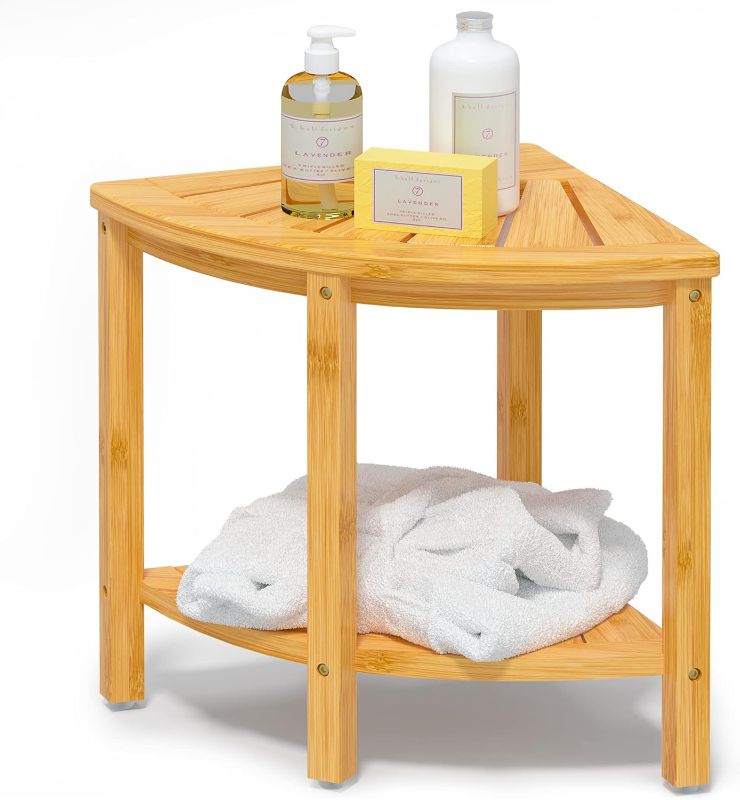 Photo 1 of  Bamboo Corner Shower Bench Waterproof Stool with Space-Efficient Storage Shelf - Shower Stool Seat for Indoor or Outdoor Use
