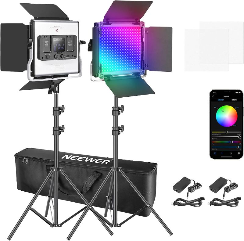 Photo 1 of Neewer 2 Packs 660 RGB Led Light with APP Control, Photography Video Lighting Kit with Stands and Bag, 660 SMD LEDs CRI97+/3200K-5600K/Brightness 0-100%/0-360 Adjustable Colors/9 Applicable Scenes
