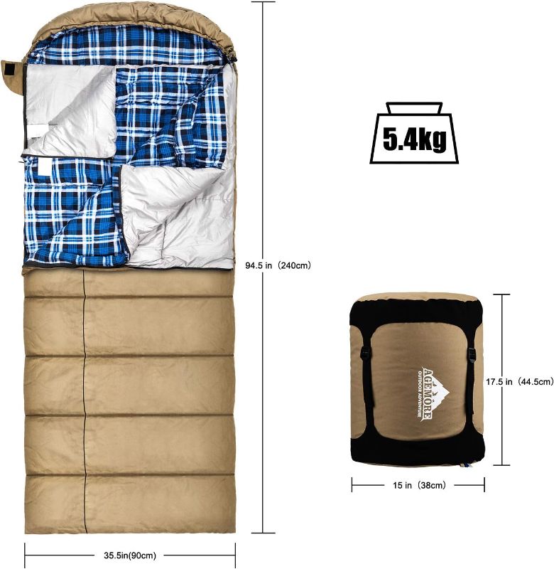 Photo 1 of 0 Degree Canvas Sleeping Bag for Fishing, Hunting, Traveling and Camping Particularly in Cold Winter Outdoor with Removable Flannel Liner and Free Compression Sack for Big and Tall Adults
