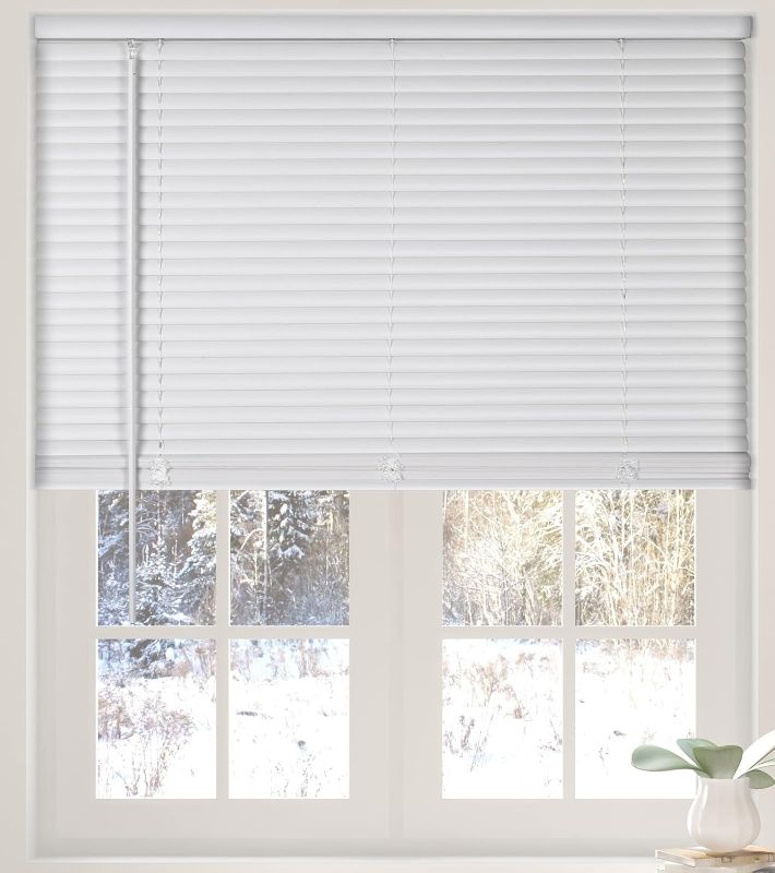 Photo 1 of  1” Cordless Vinyl Mini Blinds, White, 26.5"W x 60"H
