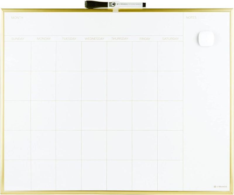 Photo 1 of U Brands Dry Erase Calendar with Gold Aluminum Frame Set, Office Supplies, with Magnet and Marker, 16” x 20”, 3 Pieces