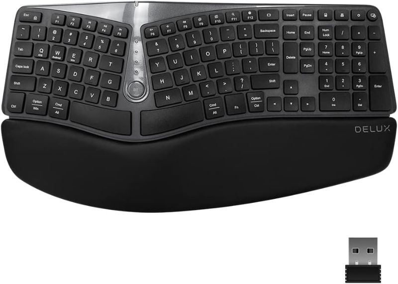 Photo 1 of Wireless Ergonomic Split Keyboard with Cushioned Palm Rest Against Carpal Tunnel, DELUX [Standard Ergo] Keyboard Series, Multi-Device Connection, Compatible with Windows, Mac OS (GM901D-Black)