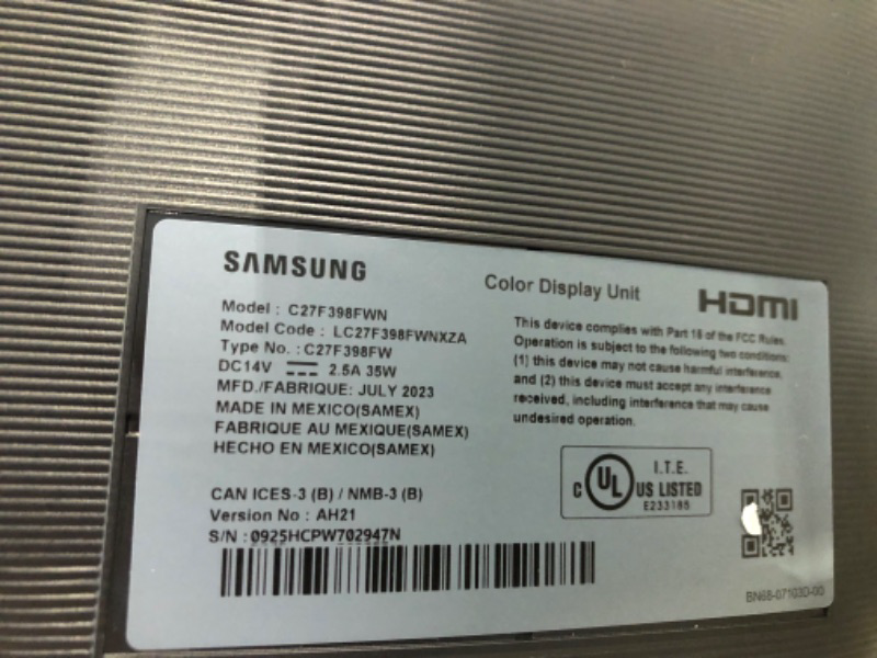 Photo 1 of SAMSUNG 27-Inch CF39 Series FHD 1080p Curved Computer Monitor, Ultra Slim Design, AMD FreeSync, 4ms response, HDMI, DisplayPort, VESA Compatible, Wide Viewing Angle (LC27F398FWNXZA), Black 27-inch Curved DP/HDMI/1-Yr Warranty