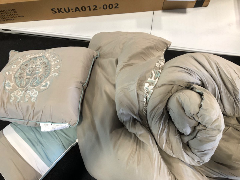 Photo 3 of 510 DESIGN Luxe Quilted Comforter Set Modern Transitional Design, All Season Down Alternative Warm Bedding Matching Shams, Bedskirt, Decorative Pillow, Cal King, Shawnee Scrollwork Seafoam Scrollwork Seafoam California King