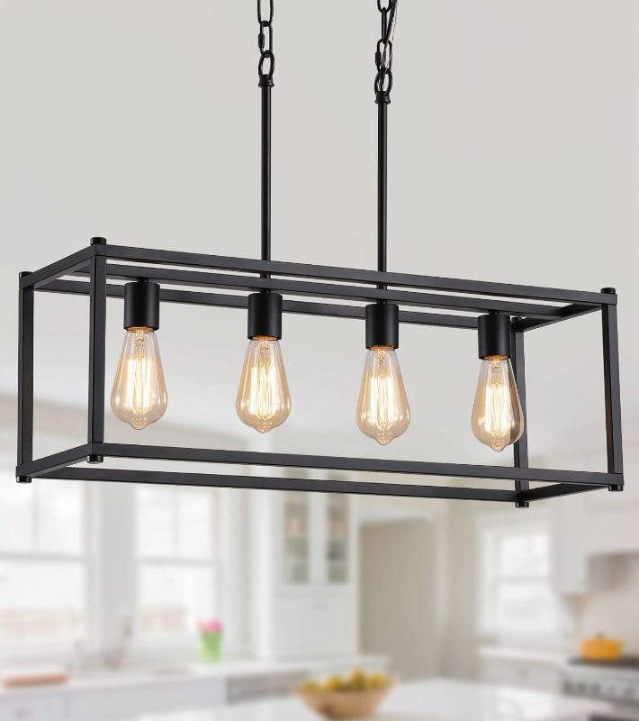 Photo 1 of AMZASA Black Rectangle Island Lighting Rectangular Modern Industrial Chandelier 4 Lights Linear Vintage Cage Light Fixtures for Kitchen Dining Room (Height Adjustable)
