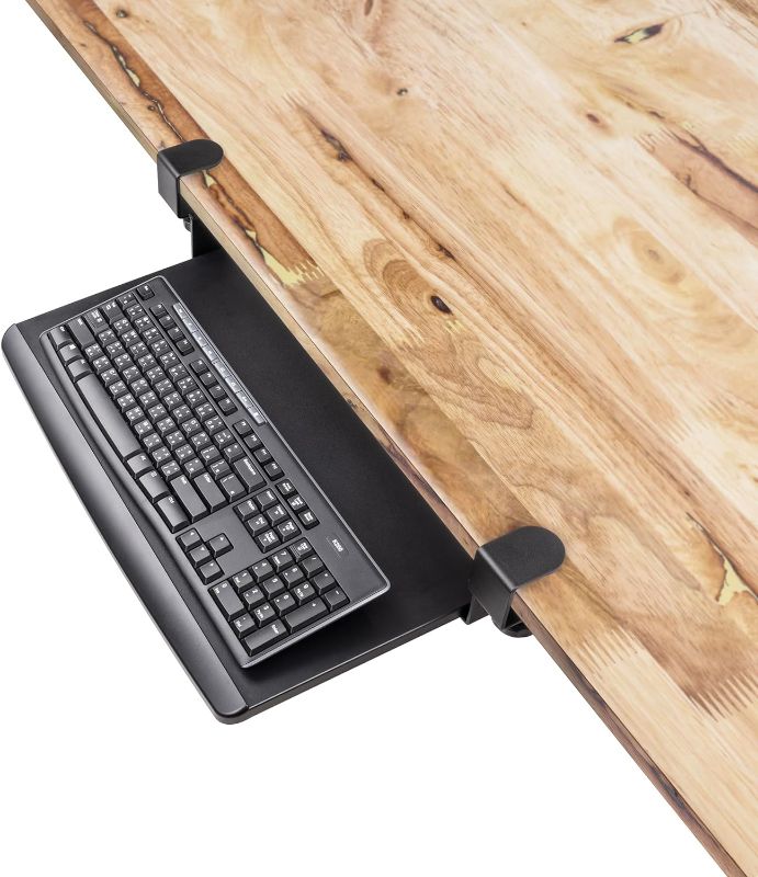 Photo 1 of EHO Clamp-On Under Desk Keyboard Tray Underdesk Extender Table Attachment Keyboard Drawer, Adjustable Keyboard Tray - Large Size, 27.5" x 12.25" for Work from Home Office Accessories Large Platform