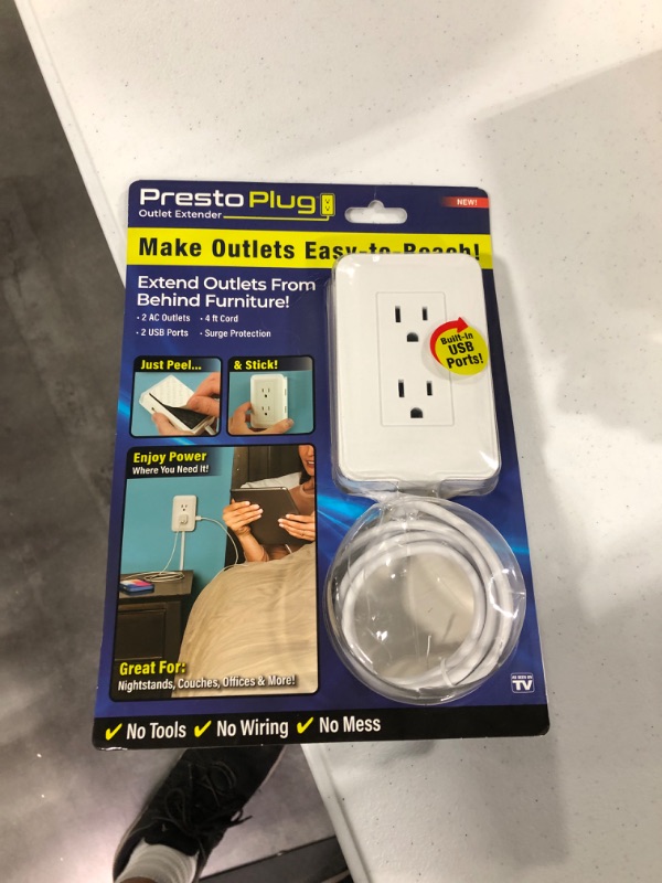 Photo 2 of Ontel Presto Plug Outlet Extender for Relocating Unreachable Power Outlets, 4ft Cord, Sticks Easily on Wall, Provides Surge Protection, 2 AC Outlets, 2 USB Ports & Built-in Shelf 4 ft Cord