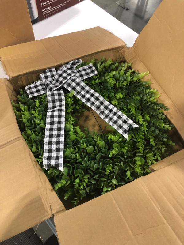 Photo 3 of 23" Faux Round Boxwood Wreath, Vlorart Artificial Boxwood Wreath Front Door Wreaths Artificial Spring Summer Greenery Hanging with A Plaid Bow for Front Door Wall Hanging Window Wedding Party Decor 23inch