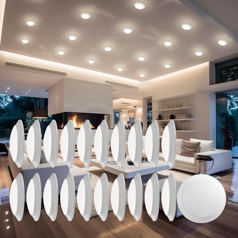 Photo 1 of 5/6 " Flush Mount Ceiling Downlight 20 Pack, 15W LED Dimmable Disk Lights, 1050 lumens Warm White CRI90 110W Equivalent Downlight, ETL Wet Certificated Low Profile Ceiling Light