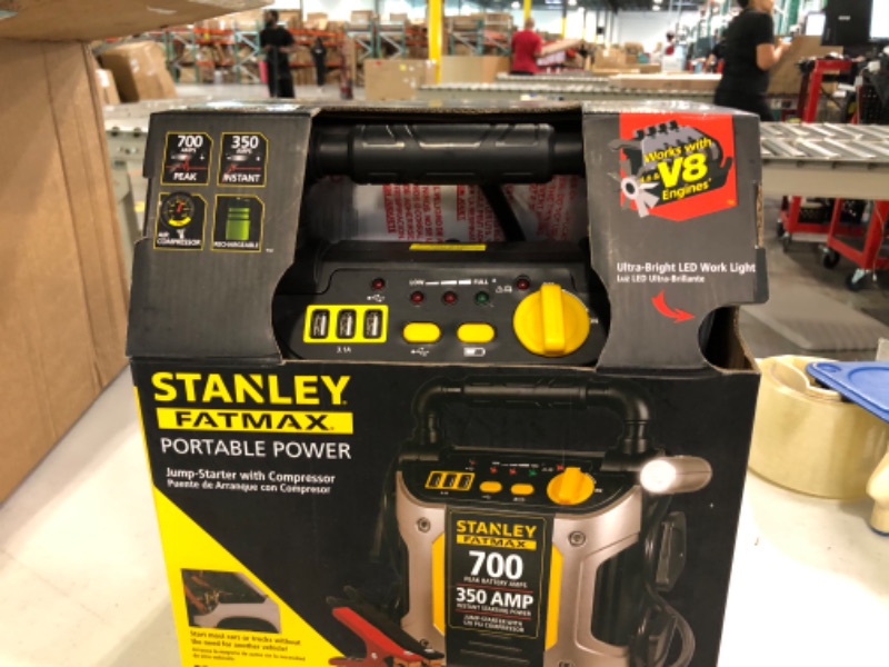 Photo 2 of STANLEY FATMAX J7CS Portable Power Station Jump Starter: 700 Peak/350 Instant Amps, 120 PSI Air Compressor, 3.1A USB Ports, Battery Clamps