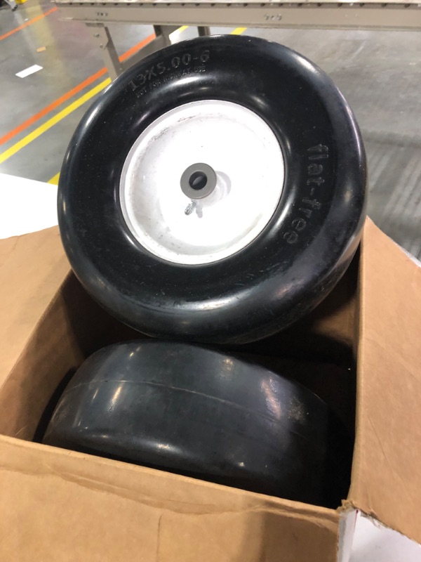 Photo 2 of 2pcs 13x5.00-6" Flat Free Lawn Mower tires lawn and garden lawn mower replacement Solid Tire and Wheel with Steel Rim 3/4" Grease Bushing and 3.25"-5.9" Centered Hub