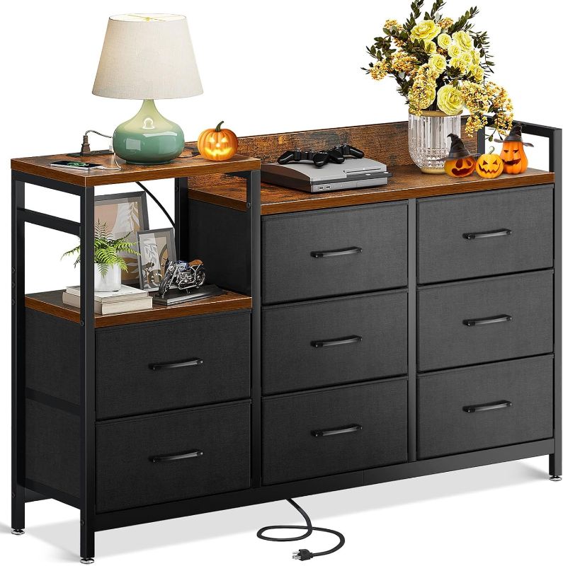 Photo 1 of ODK Dresser with Charging Station, Wide Dresser 52'' Long Dresser for Bedroom Dresser with 8 Drawers, Chest of Drawers Easy-Pull Fabric Dressers for Closet, Living Room, Hallway, Vintage and Black