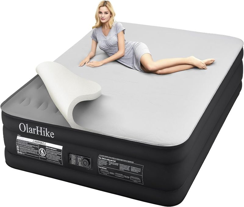 Photo 1 of 
Roll over image to zoom in
OlarHike Signature Collection Queen Air Mattress with Built in Pump,18” Luxury Air Mattress with Silk Foam Topper for Camping, Home & Guests, Durable Fast & Easy Inflation/Deflation Airbed Black