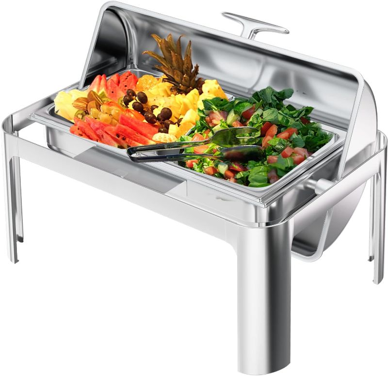 Photo 1 of  Roll Top Chafing Dish Buffet Set, 9 Qt Stainless Steel Chafer with 2 Half Size Pans Buffet Servers and Warmers Set Warming Tray for Wedding, Parties, Banquet, Catering Events, Graduation