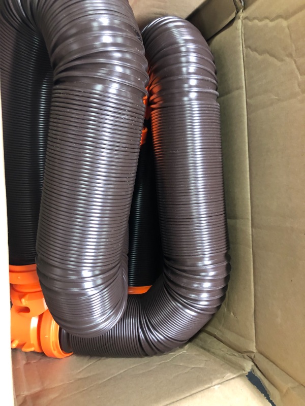 Photo 1 of Camco 20' (39742) RhinoFLEX 20-Foot RV Sewer Hose Kit, Swivel Transparent Elbow with 4-in-1 Dump Station Fitting-Storage Caps Included , Black , Brown 20ft Sewer Hose Kit Frustration-Free Packaging