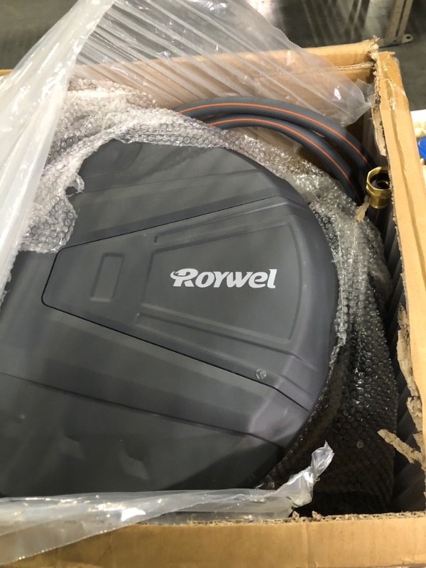 Photo 3 of Roywel 5/8 Retractable Garden Hose Reel 100ft,Outdoor Hose Reel,Wall Mounted,Automatic Rewind,180°Piovt, Any Length Lock, With 9- Function Sprayer Nozzle 5/8 100FT Grey