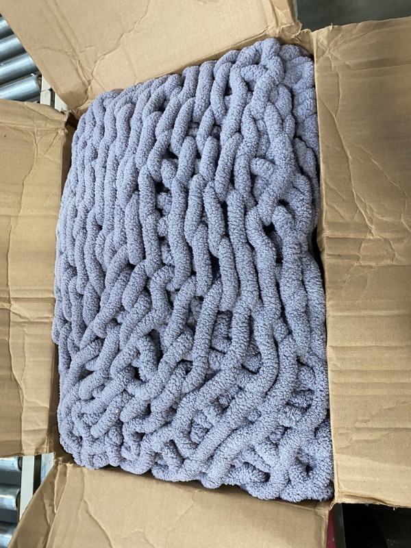 Photo 3 of ************* HOLE NEEDS REPAIR******* Adyrescia Chunky Knit Blanket Throw | 100% Hand Knit with Jumbo Chenille Yarn (50"x60", Lilac Gray)
