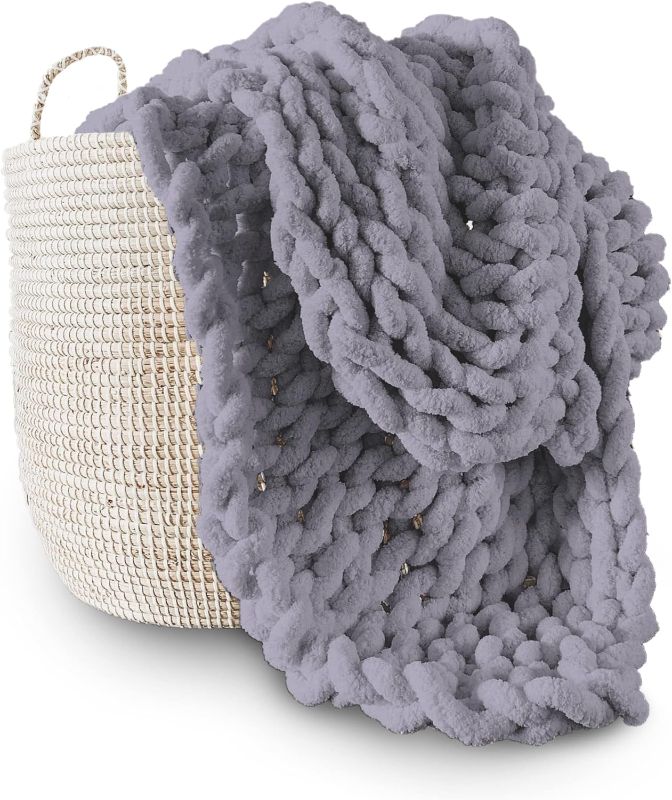 Photo 1 of Adyrescia Chunky Knit Blanket Throw | 100% Hand Knit with Jumbo Chenille Yarn (50"x60", Lilac Gray)

