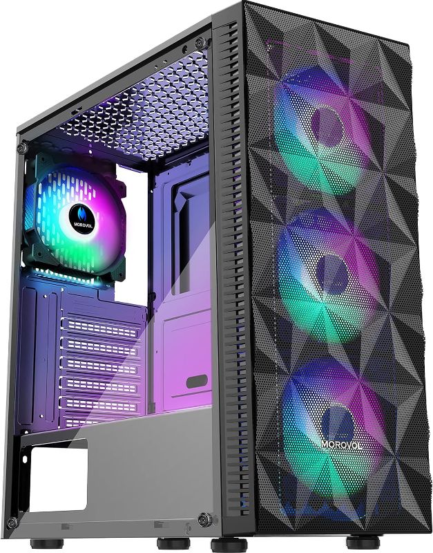 Photo 1 of MOROVOL PC Case Pre-Install 4 RGB Fans, ATX Gaming Computer Case with Diamond-Shaped Mesh Front & Tempered Glass Side Panel, USB 3.0 Airflow Mid Tower case,621

