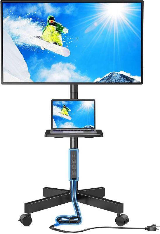 Photo 1 of HUANUO Rolling TV Stand with Power Outlet, Mobile TV Stand for 23-60 Inch Flat/Curved LED/LCD/OLED TVs up to 88 lbs, TV Cart Height Adjustable Portable TV Stand on Wheels Max VESA 400x400mm- HNTVMC02
