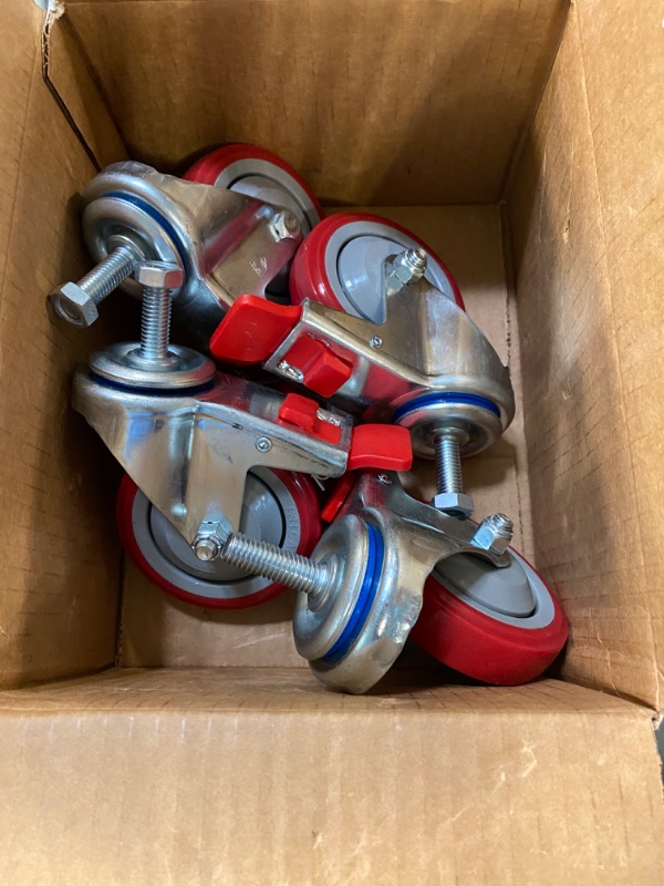 Photo 1 of 4 Inch Total Lock Caster - Red Polyurethane Wheel - 1/2"-13 x1-1/2" Threaded Stem Set of 4
