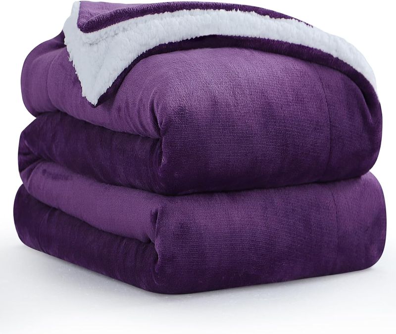 Photo 1 of Aisbo Warm Throw Blanket Queen - Extra Thick Sherpa Flannel Reversible Blanket Purple for Queen Size Large Bed, Super Soft Plush Winter Blanket for Sofa and Couch, Fluffy Blanket 90x90 Inches
