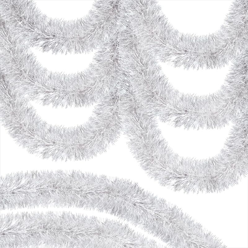 Photo 2 of 50FT Christmas Tinsel Garland with Snowflake Christmas Tree Decorations,Silver Metallic Twist Christmas Garland Hanging Tree Decor for New Year Party Holiday Indoor Outdoor Supplies Silver and White