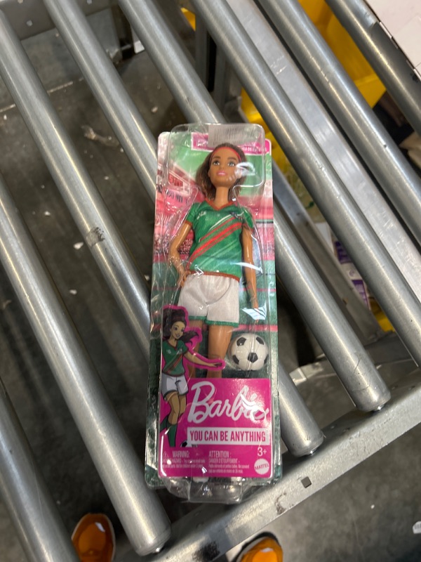 Photo 2 of Barbie Soccer Fashion Doll with Brunette Ponytail, Colorful #16 Uniform, Cleats & Tall Socks, Soccer Ball 11.5 inches Modern Multicolor