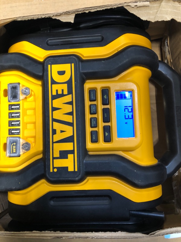 Photo 4 of DEWALT DXAEPS14 1600 Peak Battery Amp 12V Automotive Jump Starter/Power Station with 500 Watt AC Power Inverter, 120 PSI Digital Compressor, and USB Power , Yellow