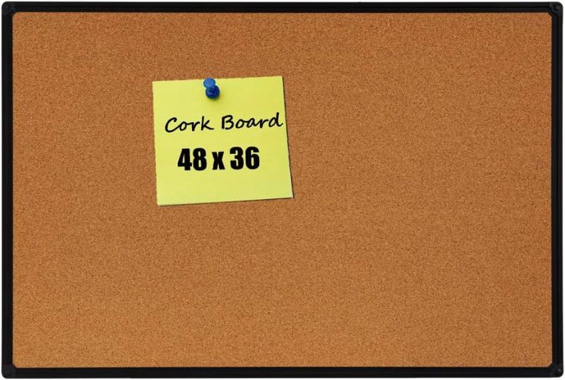 Photo 1 of DexBoard Cork Board Bulletin Board, 48 x 36 inch Corkboard, Black Aluminum Frame, Decorative Hanging Pin Board, Perfect for Home Office Decor, Home School Message Board