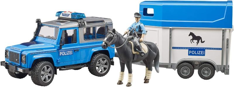 Photo 1 of Bruder 02588 Land Rover Police Vehicle w Horse Trailer, Horse and Policeman, L&S Module
