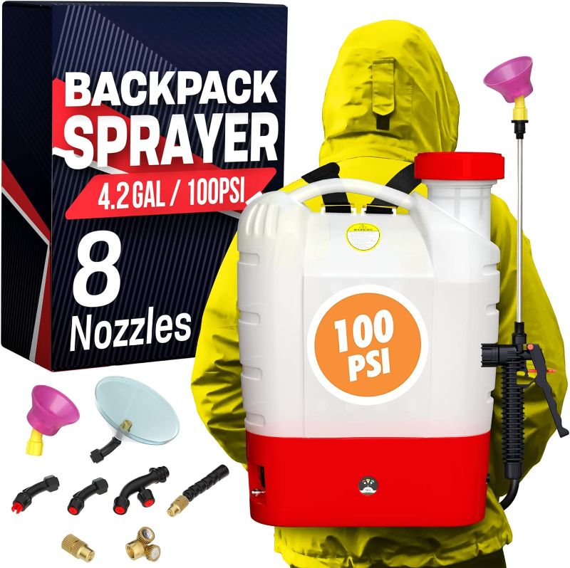 Photo 1 of 4.2 Gallon Battery Powered Backpack Sprayer - 8 Nozzles, 100PSI Cutoff Pressure, Long Battery Life, Wide Mouth, High-Pressure Spray Hose, Trigger Lock, Pressure Knob Controller
