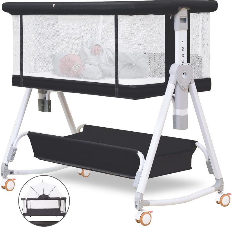 Photo 1 of Baby Bassinet Bedside Sleeper for Baby with Wheels and Storage Basket ,All Mesh Portable Bedside Bassinet Co Sleeper for Newborn /Infant,7 Height Adjustable Easy to Assemble Bedside Crib?3 in 1?Black?
