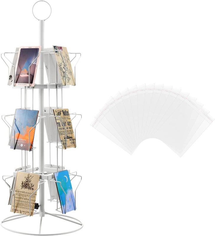 Photo 1 of 12 Pockets Countertop Rotating Greeting Card Rack with 200 Clear Resealable Polypropylene Bags 3 Tier Metal Display Stand Spinning Floor Stand Pocket Rotating Holder for Stickers Showcase (Black)
