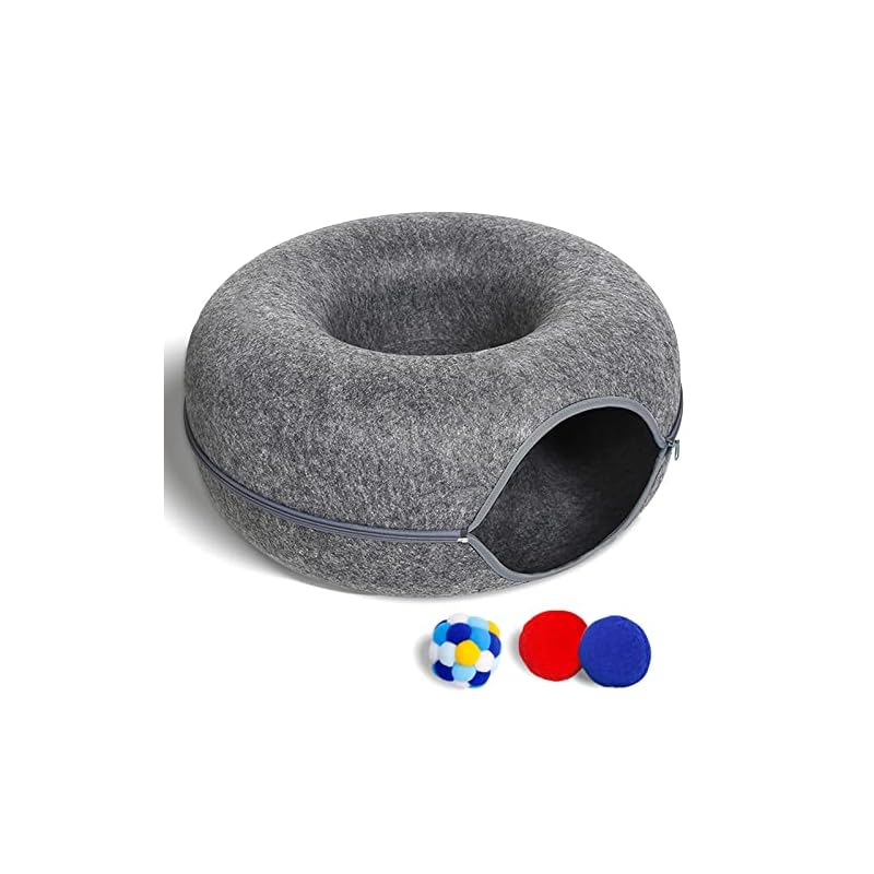 Photo 1 of Cat Tunnel Bed for Indoor Cats with 3 Toys, Scratch Resistant Donut Cat Bed, for Cats up to 7 Lbs (M(20x20x9), Dark Grey