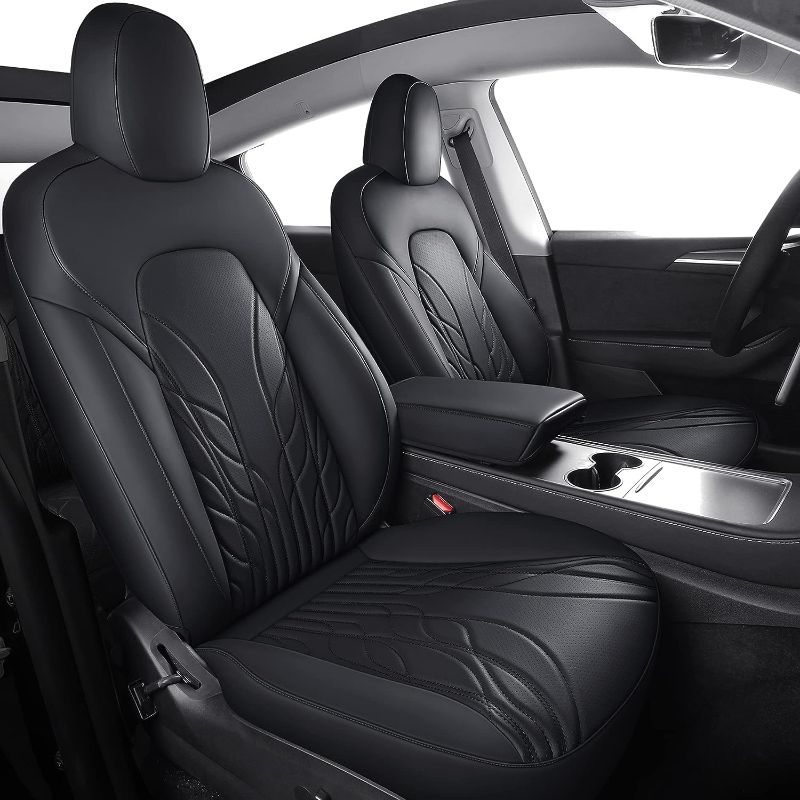 Photo 1 of Maysoo Tesla Model Y Seat Covers Nappa Leather Car Seat Covers, for Tesla Model Y 2023 2022-2020 5 Seat Black Car Seat Cover Car Interior Cover All Weather Protection(Black-Nappa,Model Y(Full Set)) black-nappa model Y(full set)