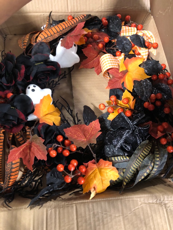 Photo 3 of 26 Inch Halloween Wreaths for Front Door, Large Outdoor Halloween Door Wreath with White Ghost, Black Feather, Orange Maple Leaves and Ribbon Decorations for Halloween Spooky Party Decor