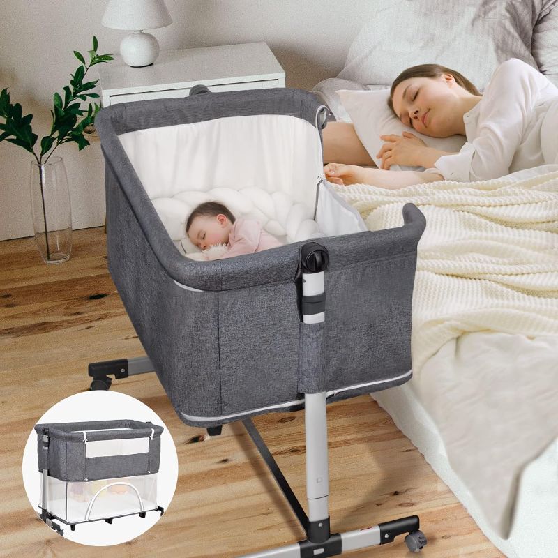 Photo 1 of HAHASOLE Baby Bassinet Bedside Crib, 3 in 1 Baby Bassinet, Portable Baby Bedside Bassinet Co Sleeper with Mosquito Net & Carry Bag, Baby Bedside Crib Included Height Adjustable for Newborn Infant
