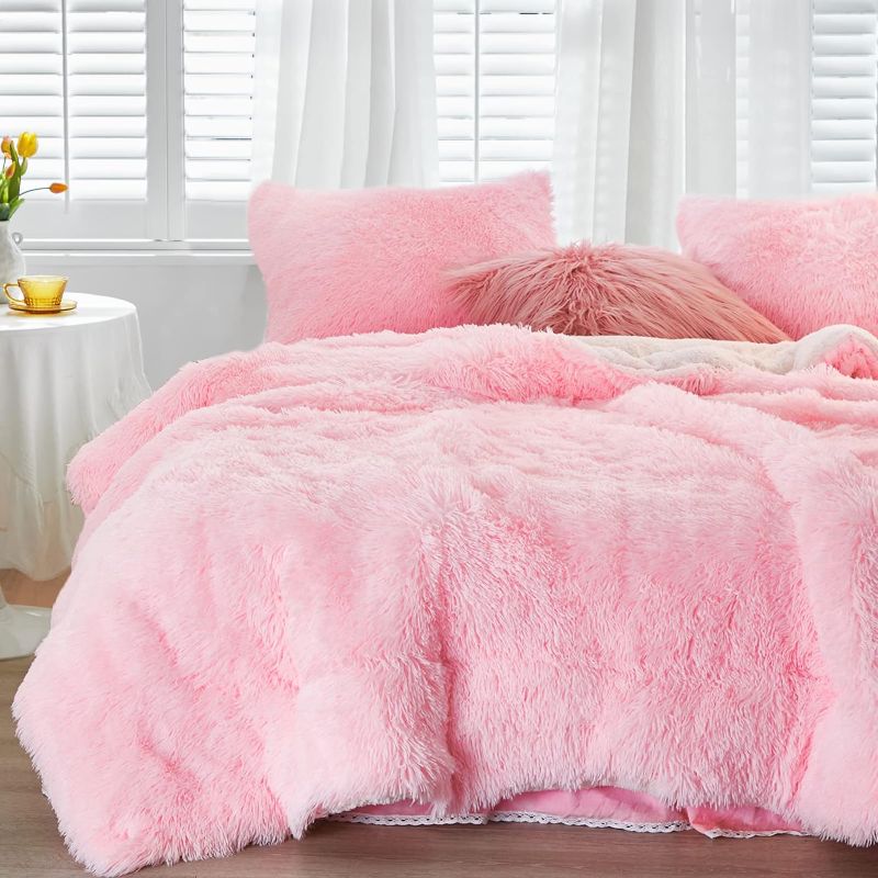 Photo 1 of 
FlySheep Luxury Faux Fur Twin Size Comforter Set Shaggy Velvet Cute Pink Long Hair, Plush Sherpa Backing Reversible Bedding Set Warm for Winter