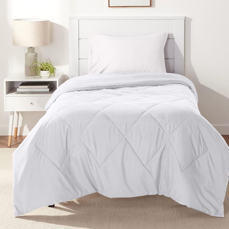 Photo 1 of Amazon Basics Reversible Lightweight Microfiber Comforter Blanket, Twin/Twin XL, White/White