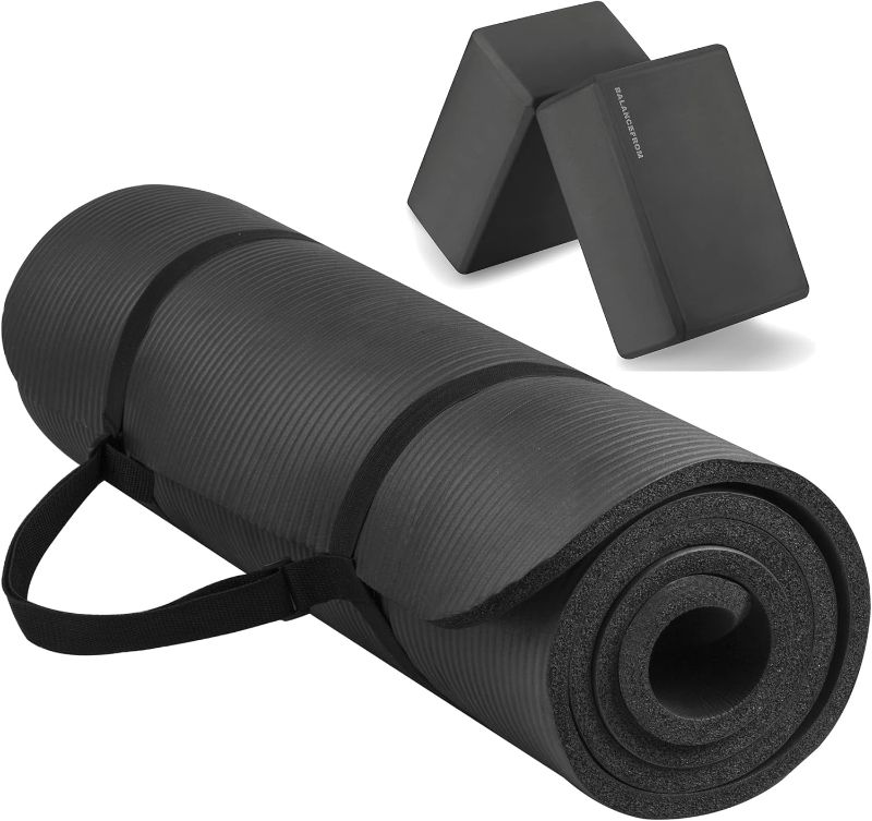 Photo 1 of BalanceFrom  All Purpose 1/2-Inch Extra Thick High Density Anti-Tear Exercise Yoga Mat and Knee Pad with Carrying Strap and Yoga Blocks Blue Yoga Mat with Knee Pad