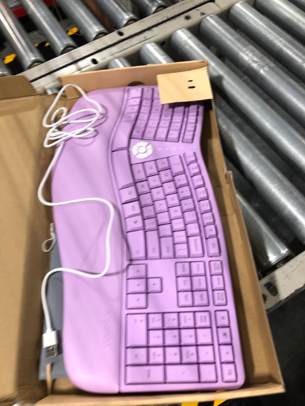 Photo 2 of MEETION Ergonomic Keyboard, Split Wireless Keyboard with Cushioned Wrist, Palm Rest, Curved, Natural Typing Full Size Rechargeable Keyboard with USB-C Adapter for PC/Computer/Laptop/Windows/Mac,Purple