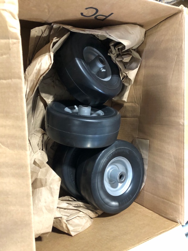 Photo 3 of AR-PRO (4-Pack) 9x3.50-4” Flat Free Lawnmower Tire with 4" Centered Hub, 3/4" Bushings and Wheel Assemblies - PU Tire on Wheel and Adapter Kits