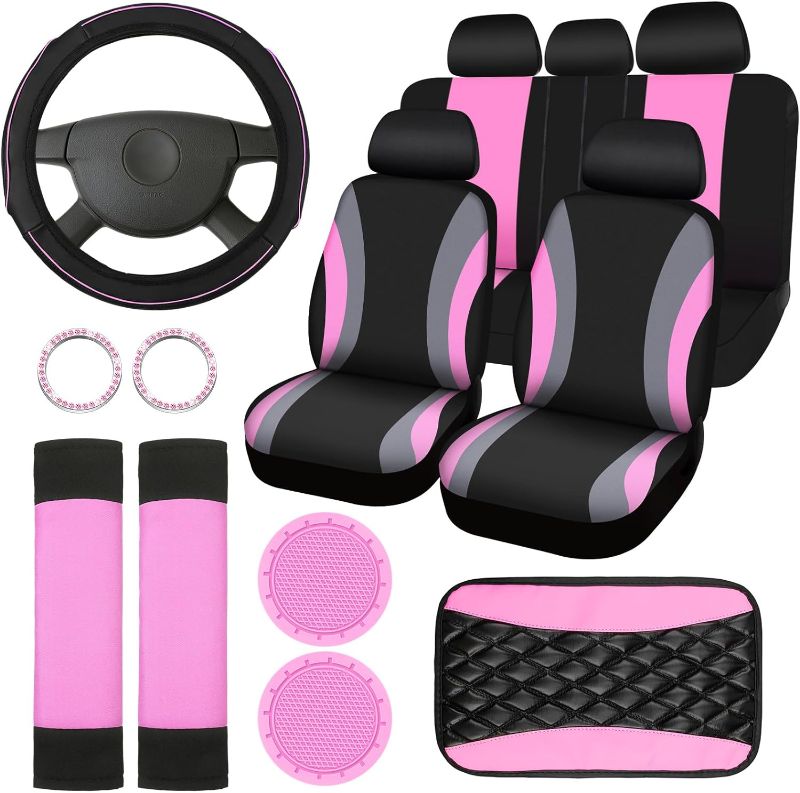 Photo 1 of 4 Pcs Car Seat Covers Full Set, Steering Wheel Cover Center Console Pad Armrest Cover Seat Safety Belt Pad Seatbelt Covers Cup Mats Car Emblem Ring Sticker Car Accessories Set (Black, Pink)