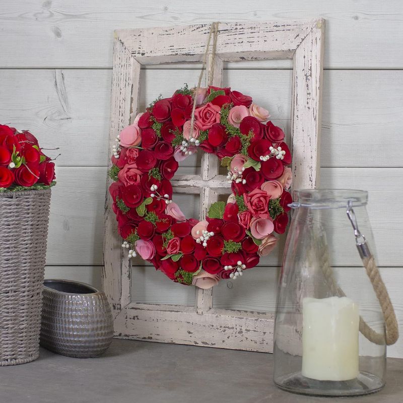 Photo 1 of ***SMALL*** Red and Pink Wooden Rose with White Berries Artificial Wreath, 10-Inch