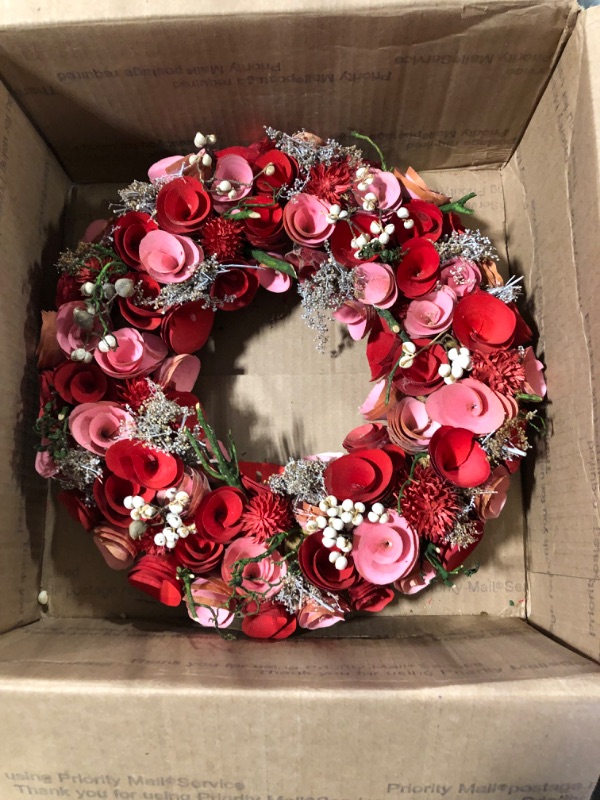 Photo 2 of ***SMALL*** Red and Pink Wooden Rose with White Berries Artificial Wreath, 10-Inch